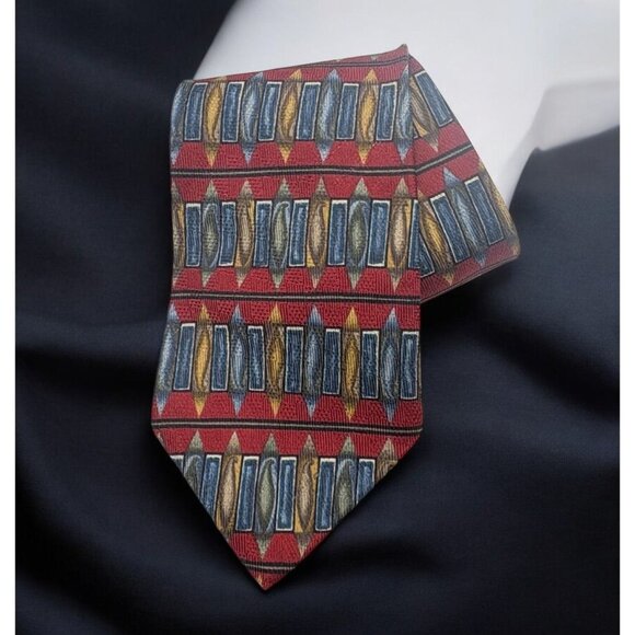 Vintage Metropolitan Museum of Art Silk Tie Red Geometric Blue & Gold Accents - Picture 1 of 6